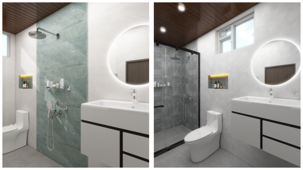 Bathroom Design and Renovation Guide with showcasing two layouts