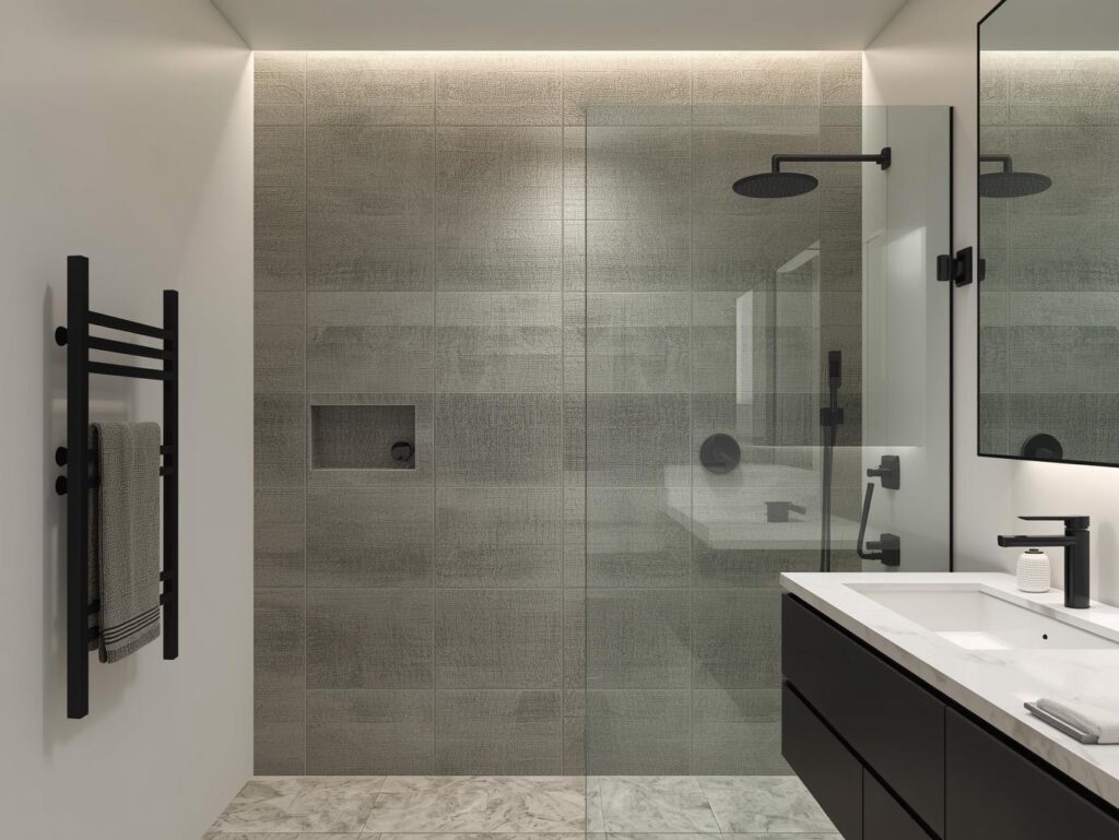 Bathroom color trends 2025 with sage green tiles, matte black fixtures, and soft natural lighting