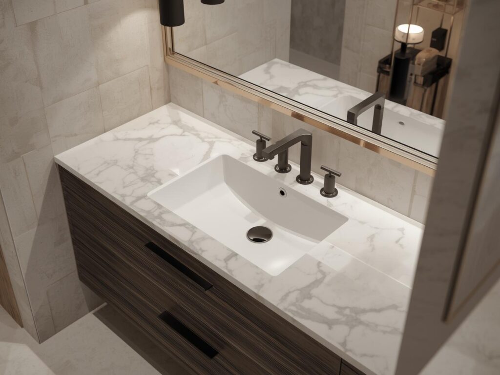 Customized luxury bathroom design 2025 featuring marble vanity, gold faucets, and pendant lighting