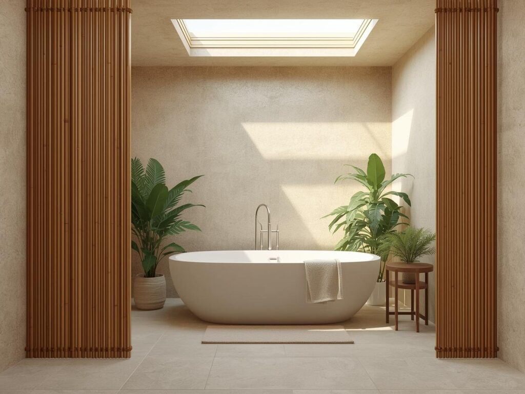 Eco-friendly bathroom design 2025 featuring bamboo accents, dual flush toilet, and water-saving faucets