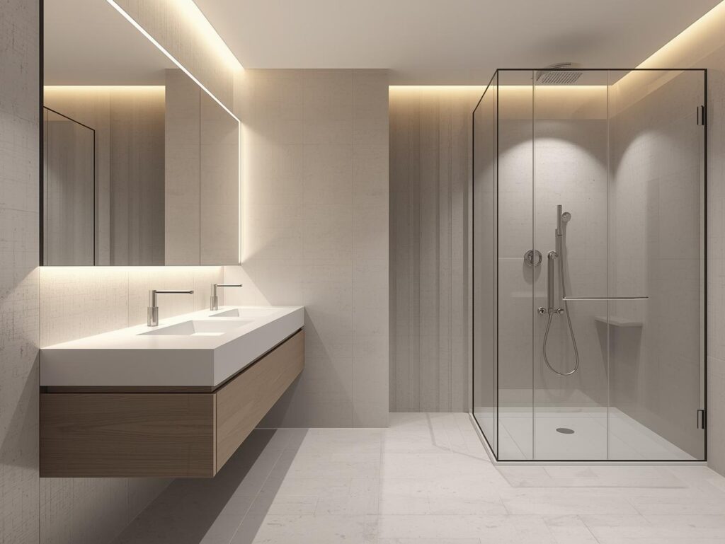 Minimalist bathroom design 2025 with floating vanity, frameless shower, and neutral tile palette