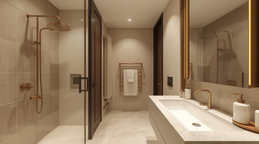 Luxury modern bathroom showcasing 2025 bathroom design trends with smart mirror and matte gold fittings
