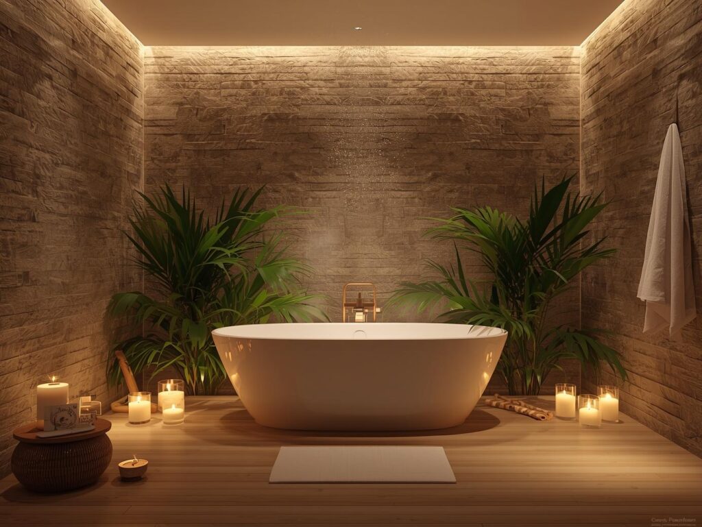 Spa-inspired bathroom design 2025 with freestanding bathtub, wooden accents, and indoor plants