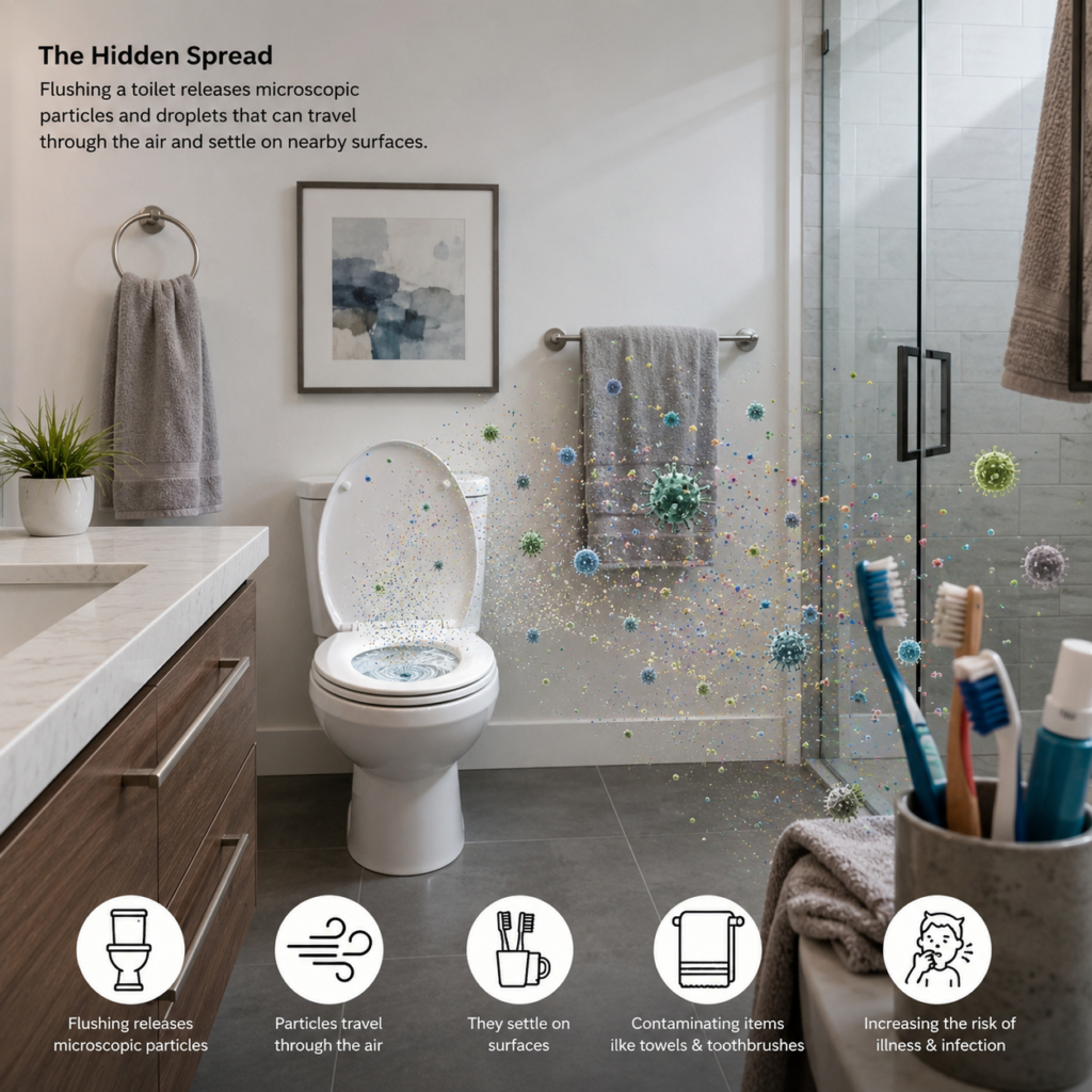 Bathroom Health Hazards from toilet aerosol droplets contaminating surfaces
