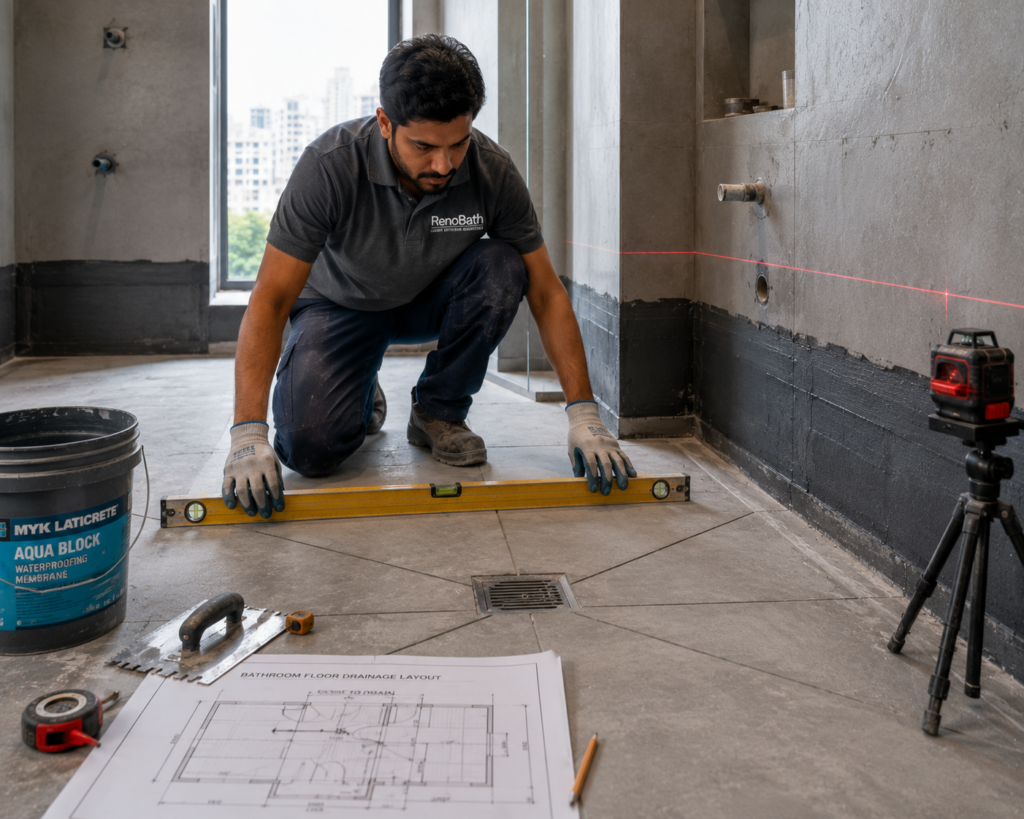 Professional contractor checking bathroom floor slope using a spirit level before tile installation to ensure proper drainage and waterproofing.
