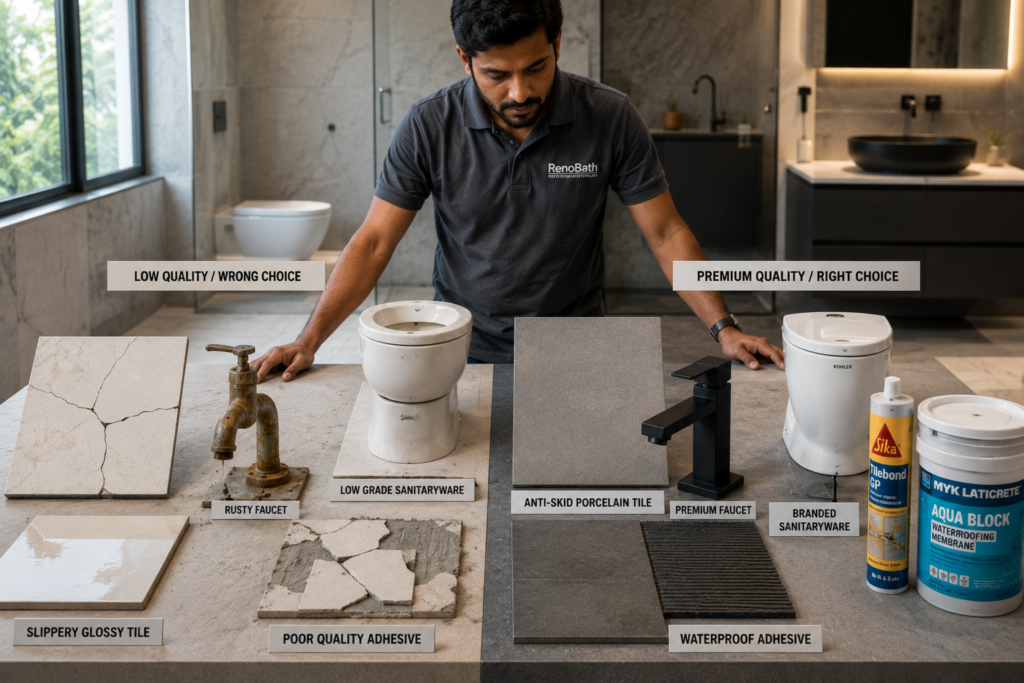 Comparison of low-quality bathroom materials including cracked tiles and rusty fixtures with premium anti-skid porcelain tiles and luxury sanitaryware.