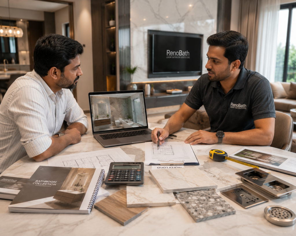 Indian homeowner discussing bathroom renovation budget with a professional consultant using floor plans, quotations, and 3D bathroom designs.