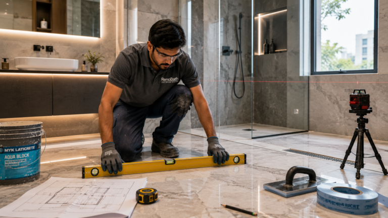 Bathroom renovation mistakes Hyderabad – contractor inspecting newly installed bathroom floor tiles to verify waterproofing and drainage quality.