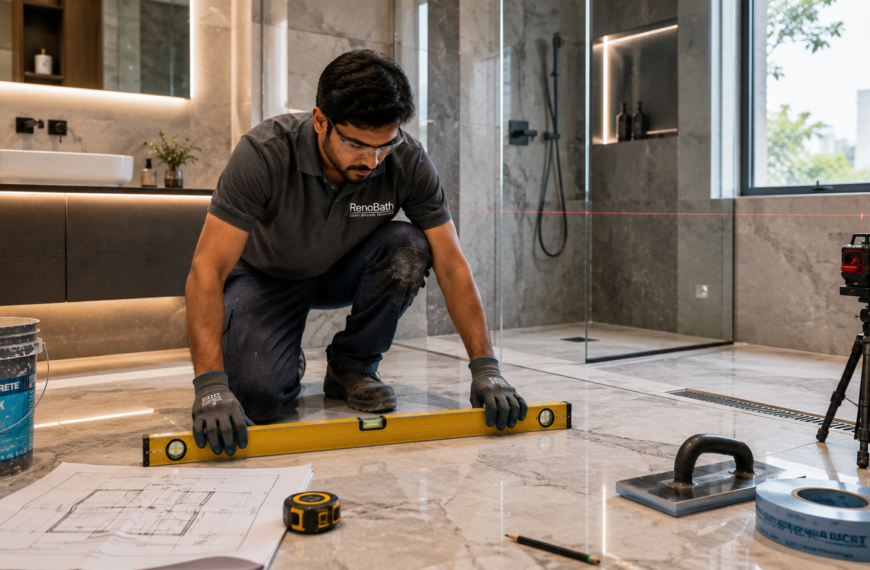 Bathroom renovation mistakes Hyderabad – contractor inspecting newly installed bathroom floor tiles to verify waterproofing and drainage quality.