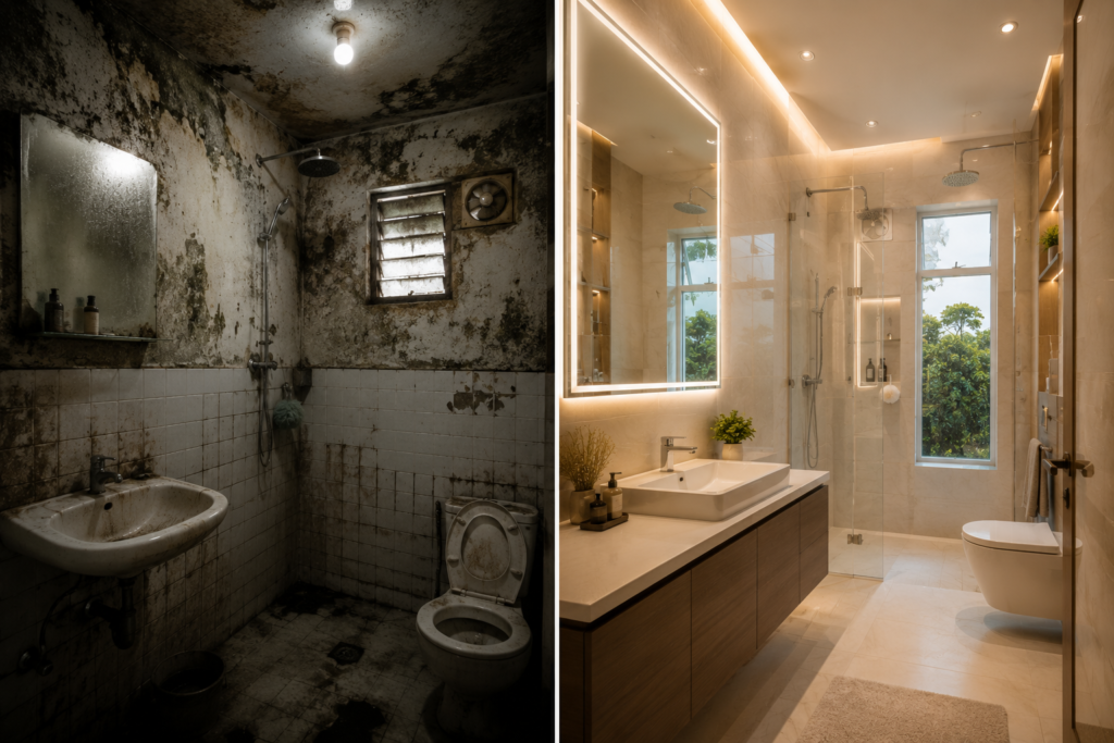 Comparison of a poorly ventilated bathroom with mold and damp walls versus a bright modern bathroom with proper ventilation and LED lighting.