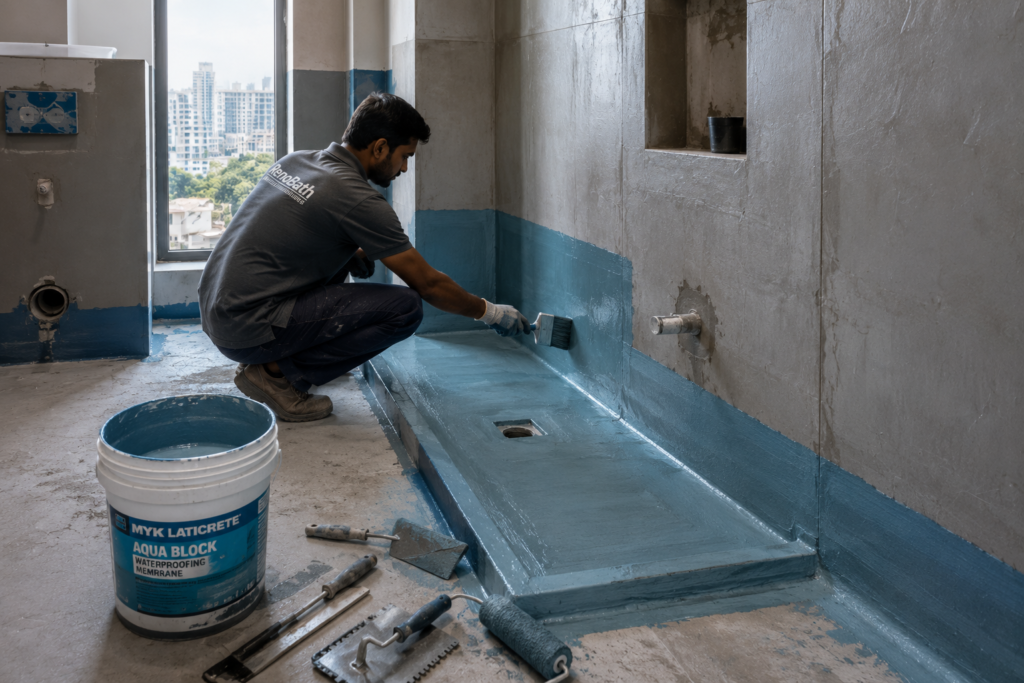 Bathroom renovation mistakes Hyderabad – contractor inspecting newly installed bathroom floor tiles to verify waterproofing and drainage quality.